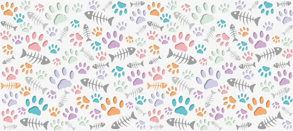 Volumetric Prints Cat Paws Skeletons Fish Different Colors Light Gray — Stock Vector