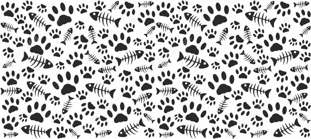 Fingerprints and skeletons of fish. Black on a white background. Endless seamless vector pattern of cat tracks. Pads and fish bones