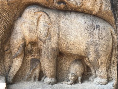 Mahabalipuram, Tamil Nadu, Hindistan 'daki anıtsal mağara tapınaklarında önemli ölçüde tanrı, insan ve hayvan heykelleri oyulmuştur.