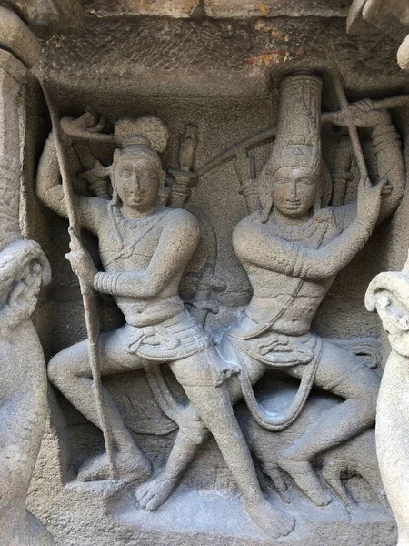 Sandsten Sniderier Mänsklig Skulptur Väggarna Antika Kanchi Kailasanathar Templet Kanchipuram — Stockfoto