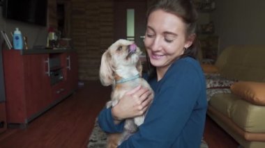 Neşeli Gülümseyen Çekici Genç Kadın Şirin Shih-tzu Köpeğine Sarılıyor. Evdeki sevimli köpek öpen kız. Kız evcil hayvanını seviyor. Evdeki Mutlu Anlar.