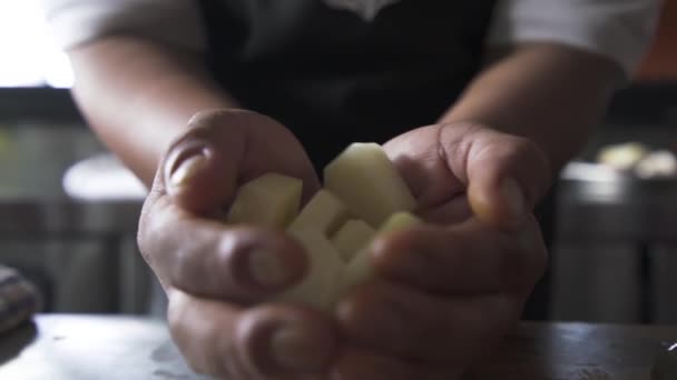 Mãos Femininas Colocam Abacaxi Uma Grande Panela Quente Fazendo Asiático — Vídeo de Stock