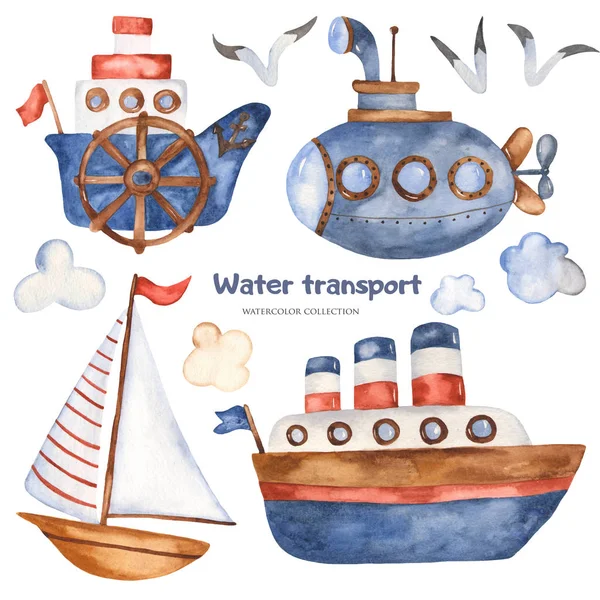 Akvarel Roztomilý Kreslený Parník Loď Ponorka Plachetnice Kliparty Skvělé Pro — Stock fotografie