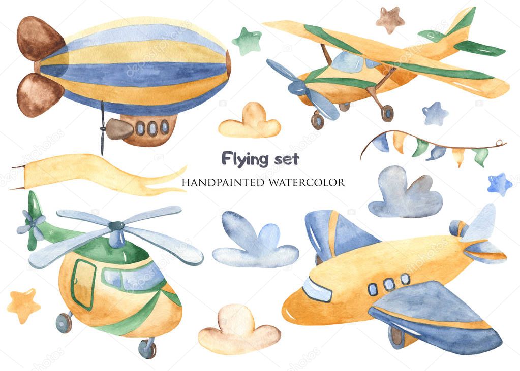 Watercolor cute cartoon dirigible, airplane, corn duster, helicopter clipart. Illustrations air transport for postcards, invitations, baby showers, children's clothing.