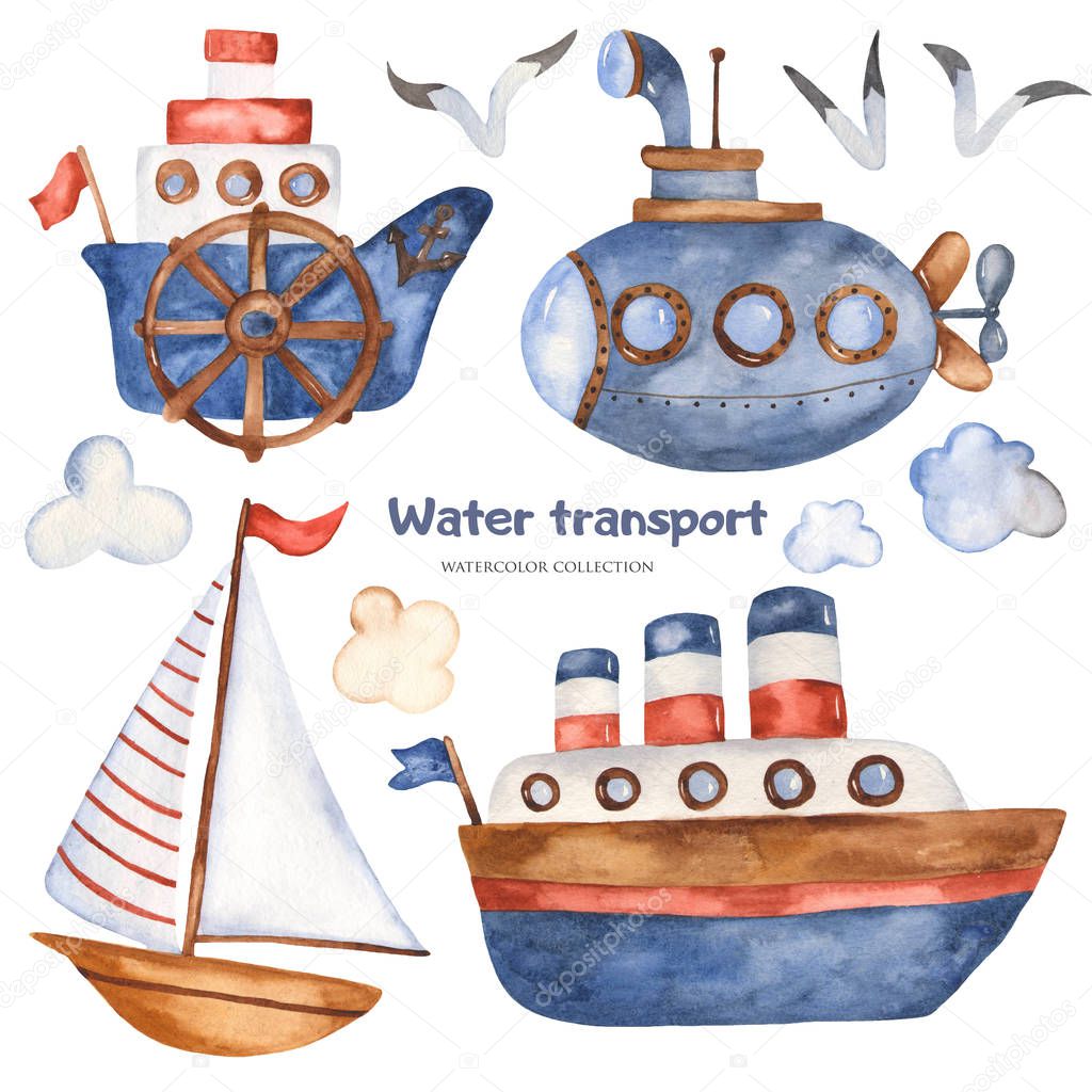 Watercolor cute cartoon steamboat, ship, submarine, sailboat clipart. Great for cards, invitations, blogs, birthday, baby shower, prints, travel.