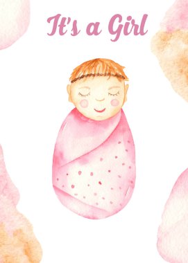 Yeni doğmuş şirin bir kız bebek ile suluboya kart