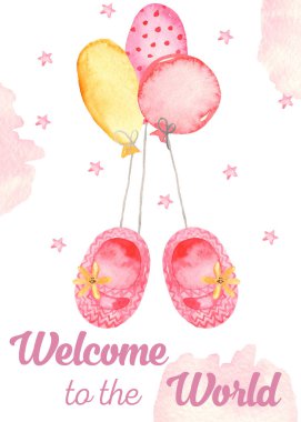 Terlikli suluboya kart. Yeni doğmuş tatlı kız bebek ve balonlar.