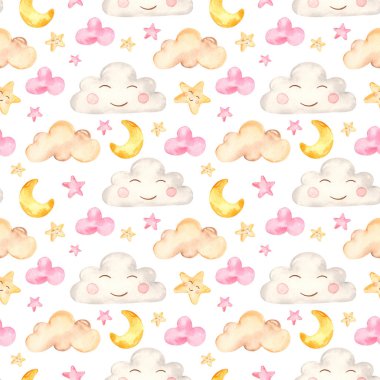 Bulutlu, aylı ve yıldızlı suluboya desenler