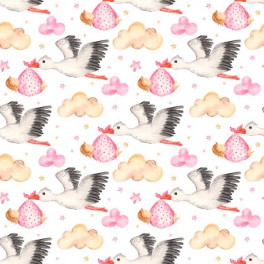 Yeni doğmuş bebek kız pembe ve leylek desenli sulu boya.