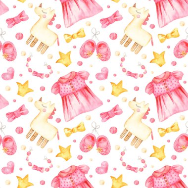 Kızlar için pembe elbiseli suluboya desenli, tek boynuzlu at, taç, patik.