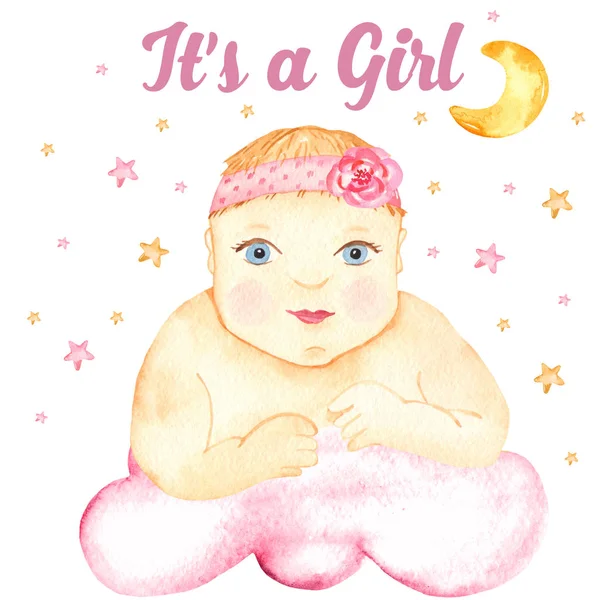 水彩カードかわいいです新生児女の子ピンクオンザクラウド — ストック写真