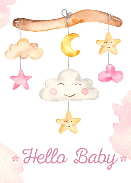 水彩カードともにモバイル赤ちゃん新生児かわいい女の子赤ちゃん — ストック写真