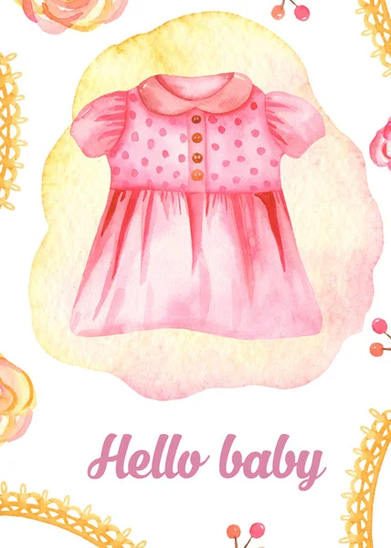 Tarjeta de acuarela con vestido recién nacido linda niña — Foto de Stock