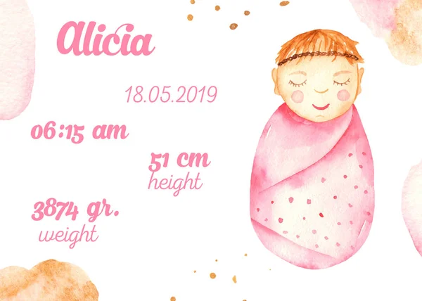 Tarjeta métrica de acuarela con linda niña recién nacida rosa — Foto de Stock