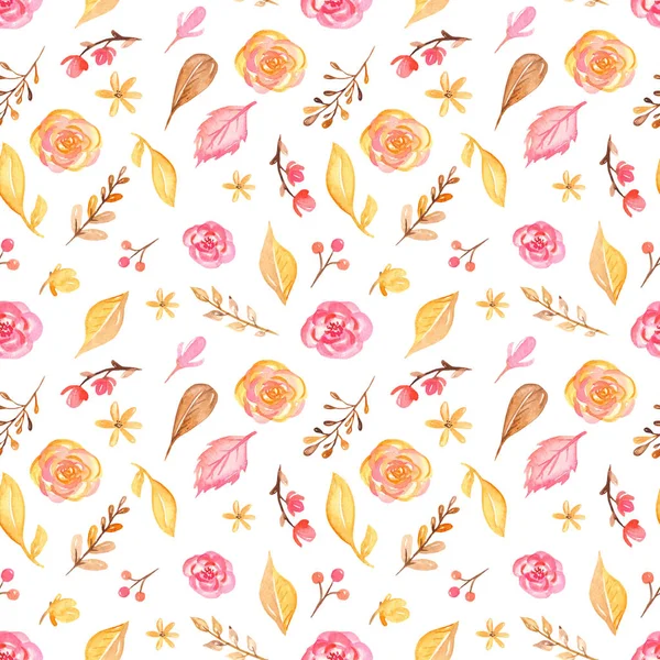Aquarell nahtloses Muster mit Blüten, Blättern, Beeren in rosa — Stockfoto