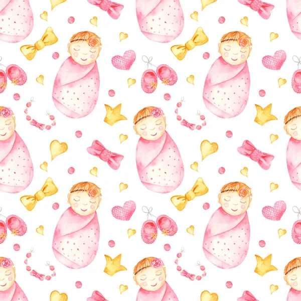 Aquarell nahtloses Muster mit rosa Mädchen, neugeborenem Baby, Booties, Bögen, Nagetieren — Stockfoto