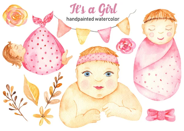 Pink doll accessories watercolor clipart. Girl child. Toys. By illustrator  Sabina Z