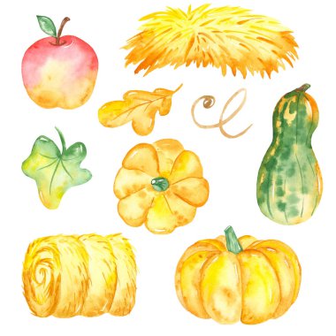 Hasat, balkabağı, elma, saman yığını, saman suluboya Clipart