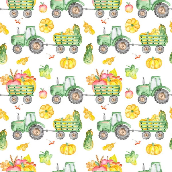 Watercolor seamless pattern with tractor, harvest, pumpkins, leaves, apples