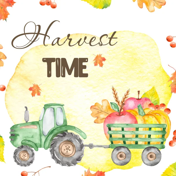 Akvarellkort med traktor och äpplen, pumpa, blad — Stockfoto