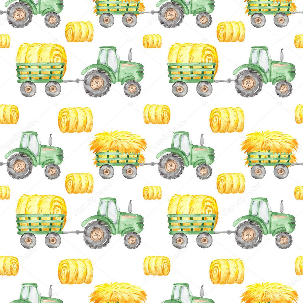 Watercolor seamless pattern with tractor, harvest, haystacks