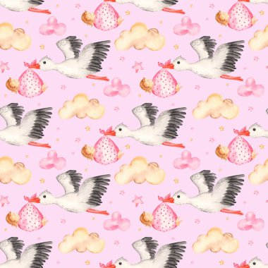 Yeni doğmuş kız bebek pembe ve leylek pembe arka planlı suluboya desenli