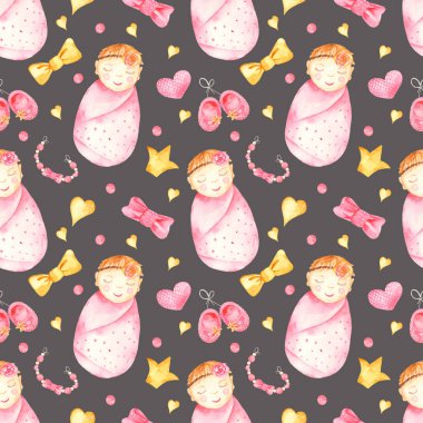 Pembe kız, yeni doğmuş bebek, patik, fiyonk, kemirgen esmer arkaplan