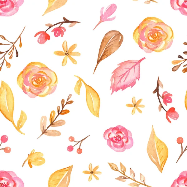 Akvarell sömlösa mönster blommor, blad, bär i rosa — Stockfoto