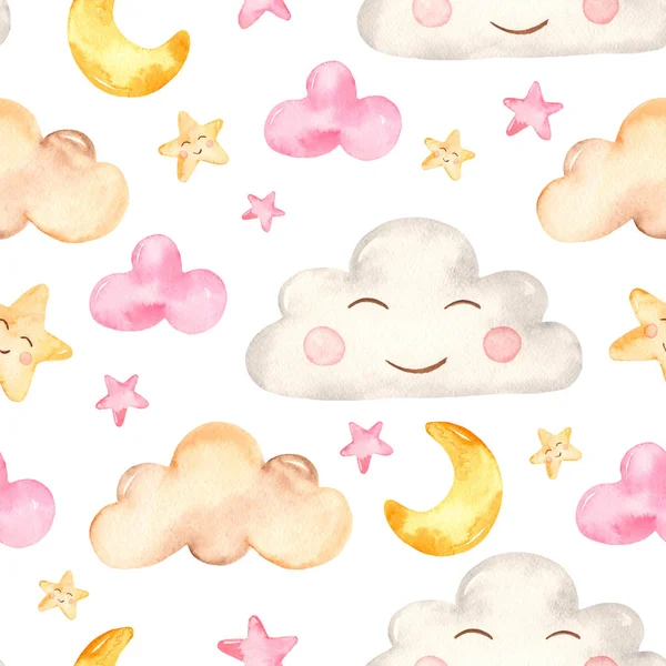 Watercolor seamless pattern clouds, month and stars — Stock Photo, Image