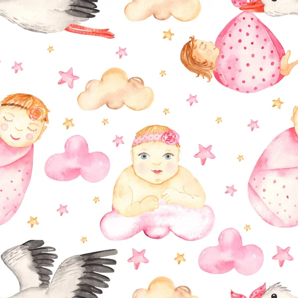 Aquarel naadloos patroon roze meisjes pasgeboren baby 's, ooievaar en wolken — Stockfoto