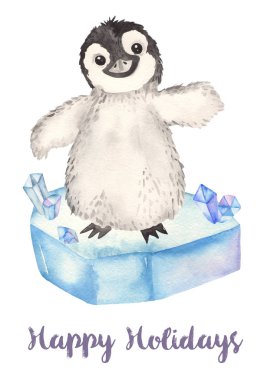 Buzlu yavru penguenli suluboya kart.