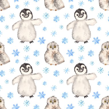 Tatlı, küçük kutup pengueni ve baykuşuyla sulu boya deseni