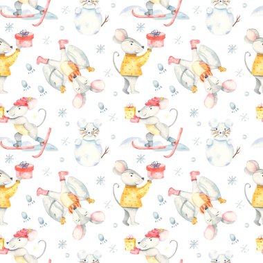 Mutlu noel faresi kardan adam meleği hediyesiyle suluboya kusursuz desen