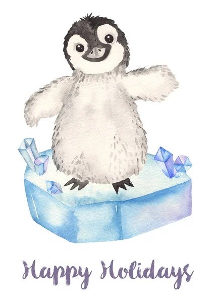 Aquarel kaart met leuke cartoon baby pinguïn op ijs — Stockfoto