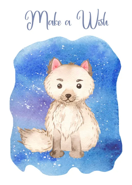 Akvarell kort med söta tecknade baby polar räv och norrsken — Stockfoto