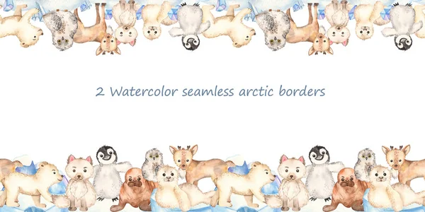 Akvarell sömlösa arktiska gränser med söta djur — Stockfoto
