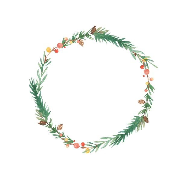 Watercolor wreath of merry christmas fir branch — Stock Photo, Image