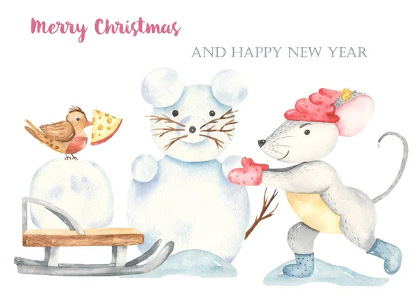Tarjeta de acuarela feliz Navidad lindo muñeco de nieve rata —  Fotos de Stock