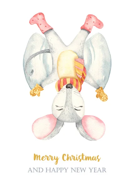 水彩卡快乐圣诞可爱老鼠雪天使 — 图库照片