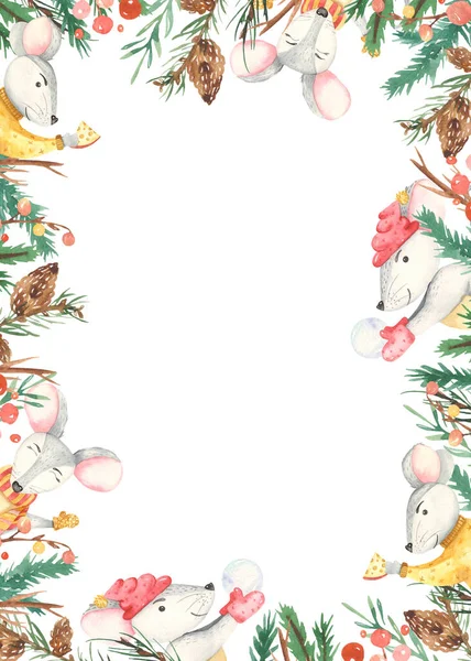 Καρέ νερομπογιάς Χριστούγεννα χαριτωμένο έλατο αρουραίου — Φωτογραφία Αρχείου