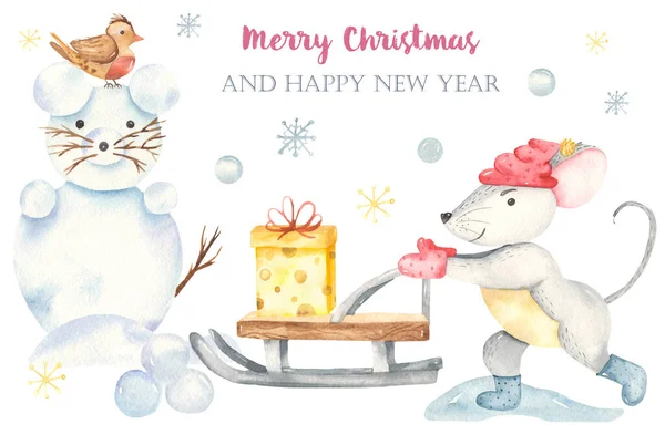 水彩画圣诞快乐小白鼠与雪人 — 图库照片