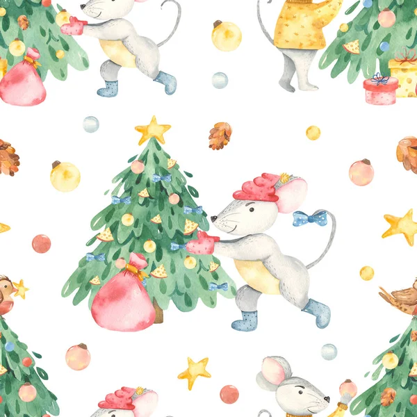 Aquarel naadloos patroon van vrolijke kerst sparren muis — Stockfoto