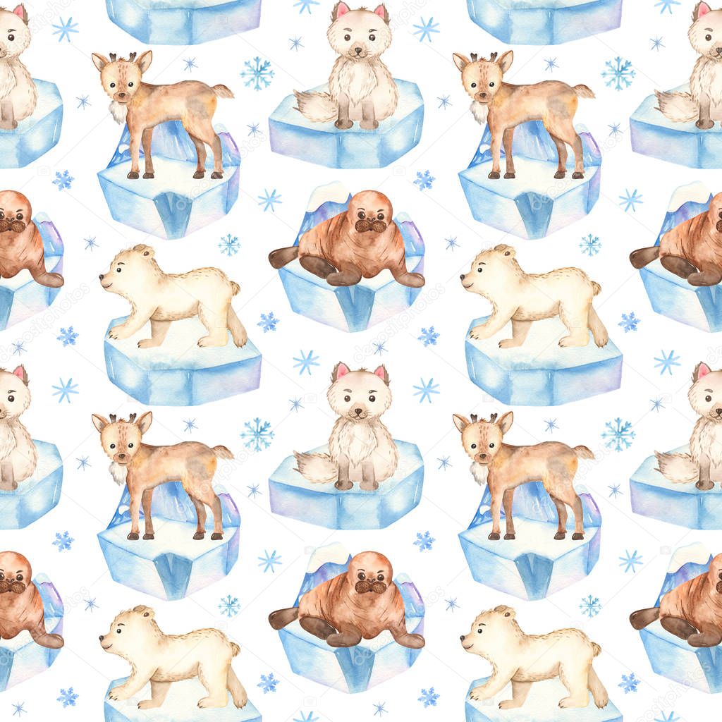 Watercolor seamless pattern with cute little arctic animals on ice floes