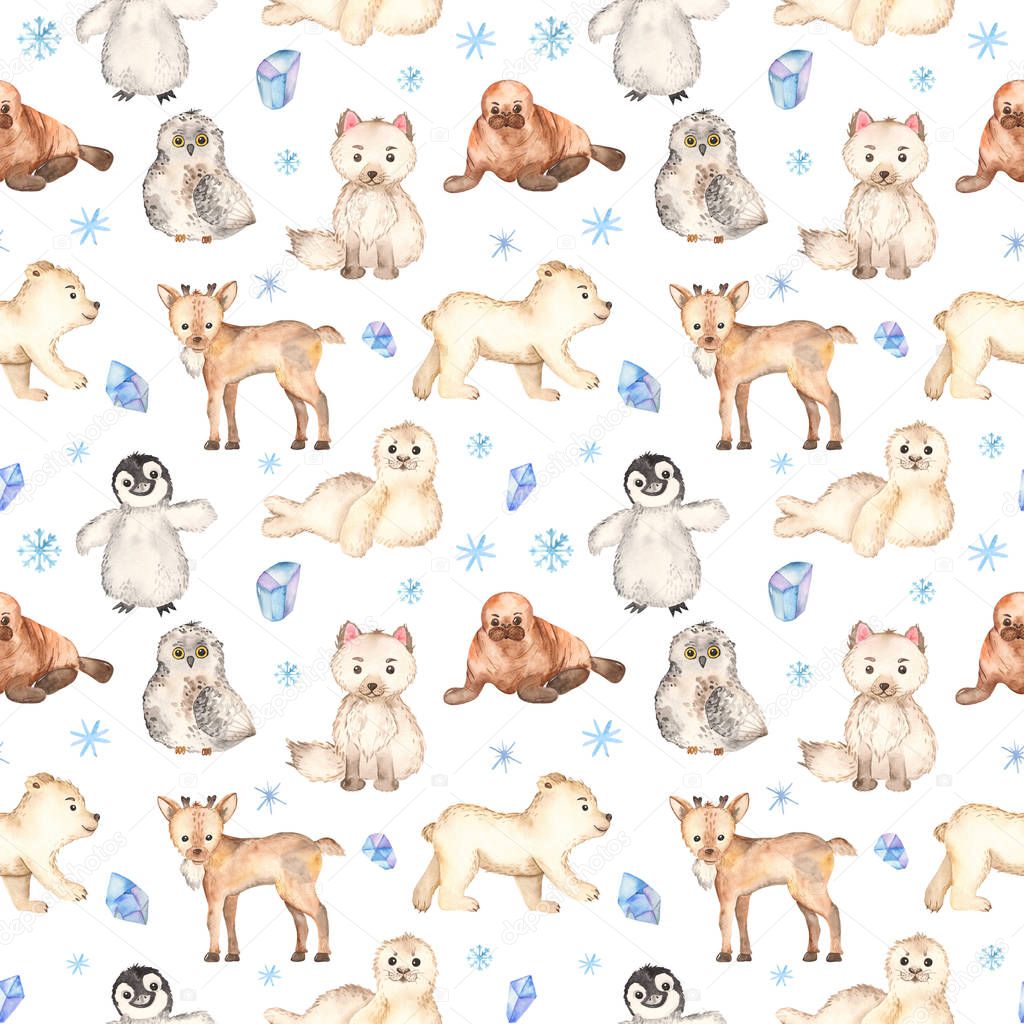 Watercolor seamless pattern with cute little arctic animals