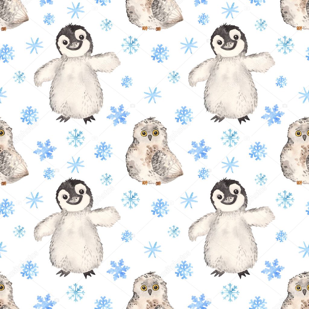 Watercolor seamless pattern with cute little arctic penguin and owl