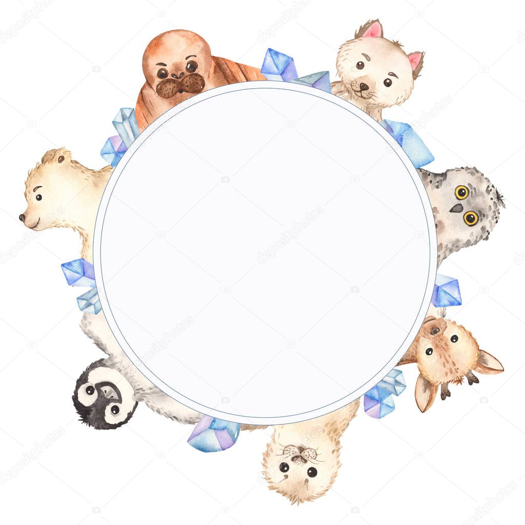 Watercolor winter round frame with arctic little animals and ice crystals