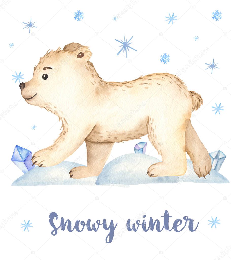 Watercolor card with cute cartoon baby polar bear and snow