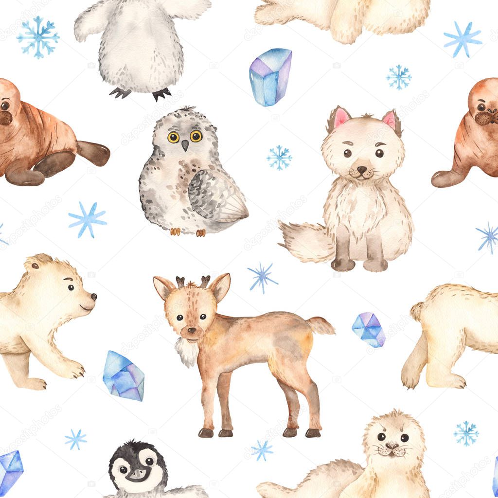 Watercolor seamless pattern cute little arctic animals