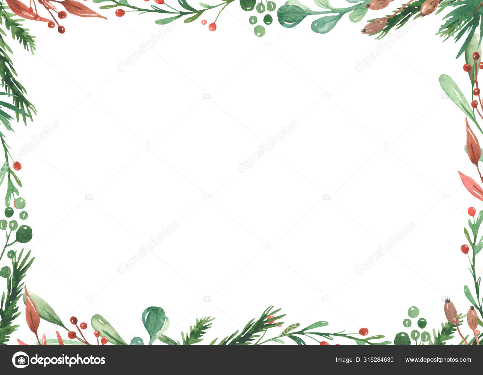 Watercolor Christmas Frame With Spruce Branches Leaves Berries Stock Photo C Marinaermakova 315284630