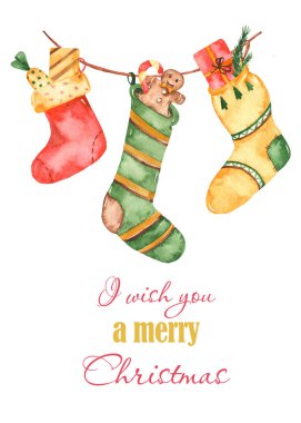 Çorap ve hediyelerle suluboya Noel kompozisyonu